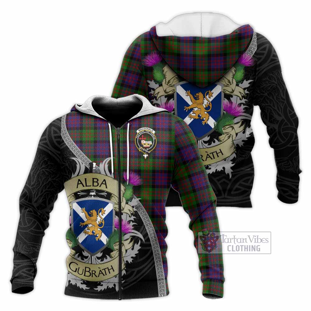 Tartan Vibes Clothing MacDonald (McDonald) Tartan Family Crest Knitted Hoodie Lion Rampant Royal Thistle Shield Celtic Inspired