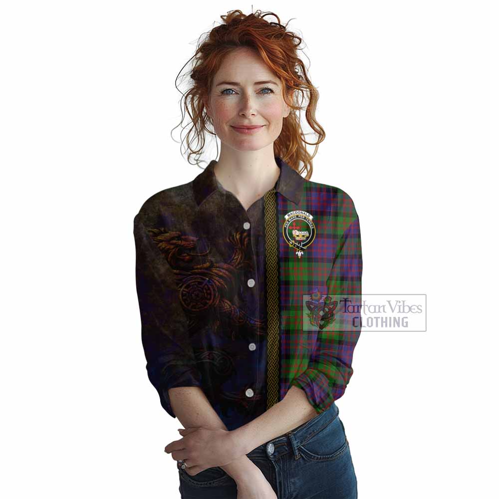 Tartan Vibes Clothing MacDonald (McDonald) Tartan Family Crest Women's Casual Shirt Alba Gu Brath Be Brave Lion Ancient Style