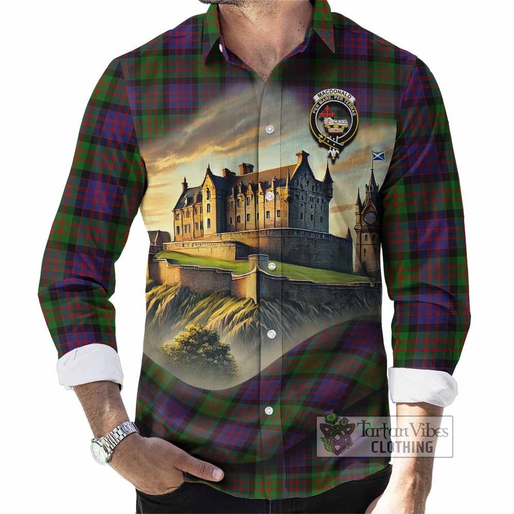 Tartan Vibes Clothing MacDonald (McDonald) Tartan Family Crest Long Sleeve Button Shirt with Scottish Ancient Castle Style