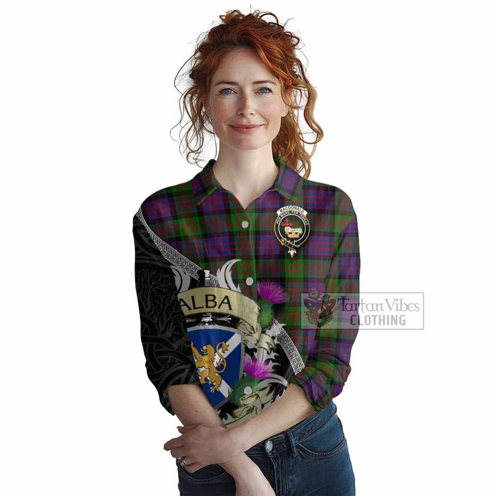 Tartan Vibes Clothing MacDonald (McDonald) Tartan Family Crest Women's Casual Shirt Lion Rampant Royal Thistle Shield Celtic Inspired