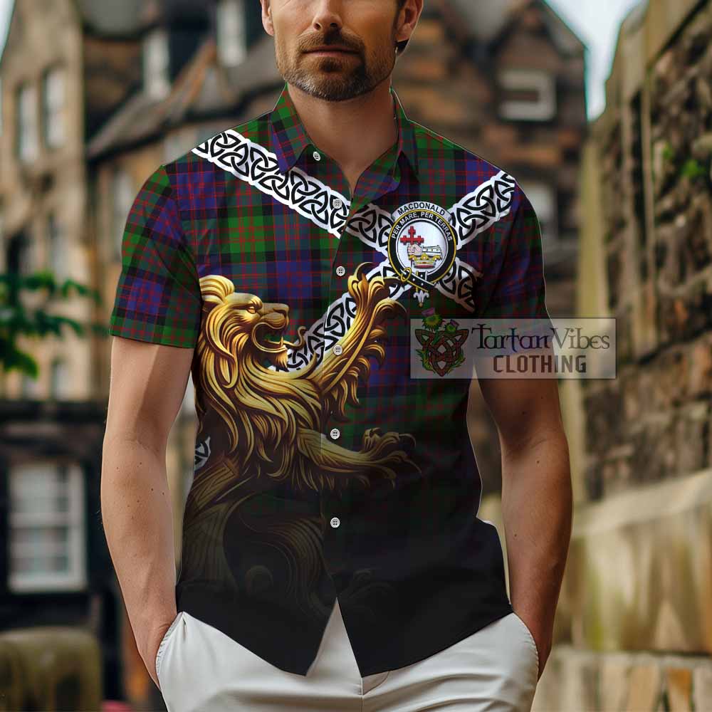 Tartan Vibes Clothing MacDonald (McDonald) Crest Tartan Short Sleeve Button Shirt with Golden Lion Emblem Celtic Style