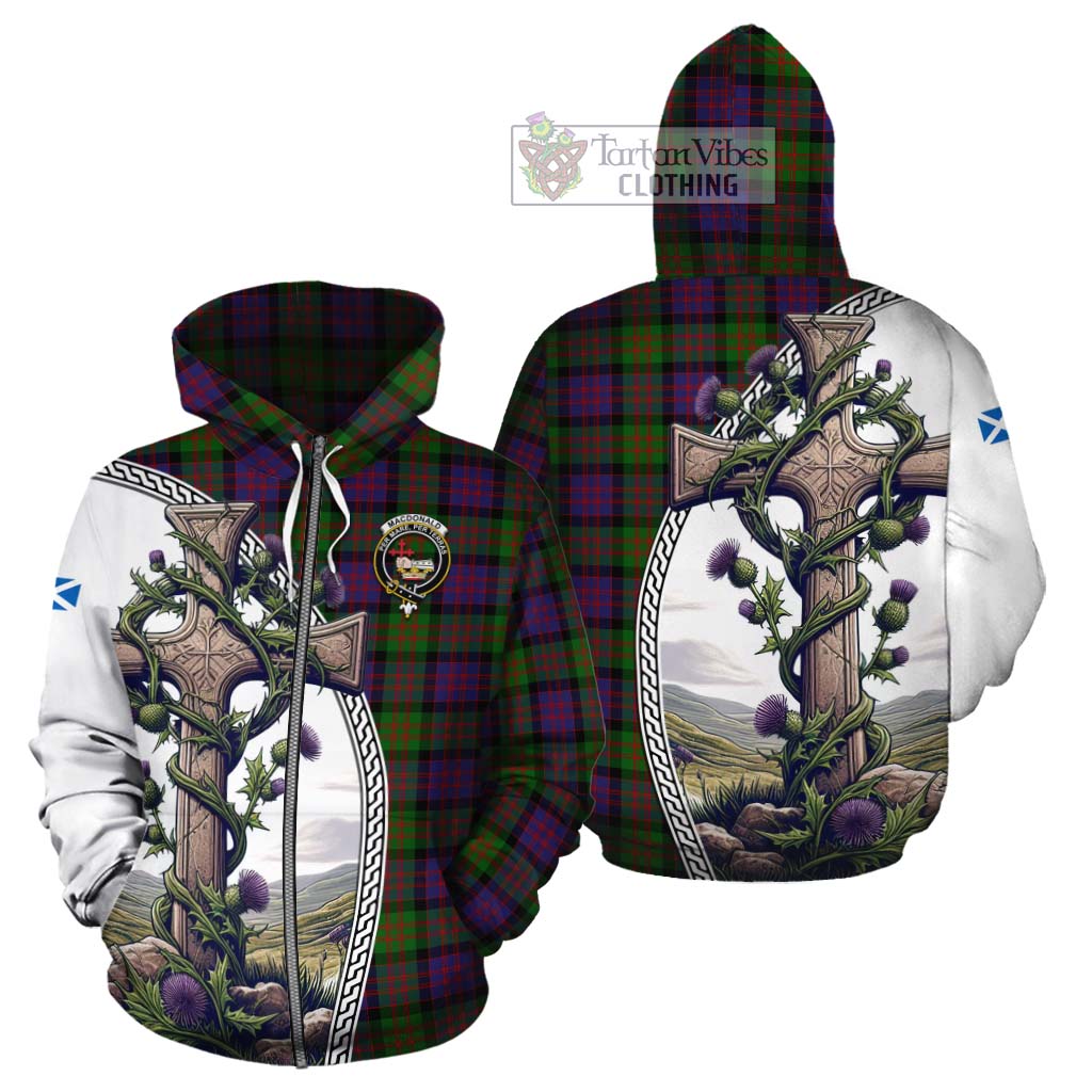 Tartan Vibes Clothing MacDonald (McDonald) Tartan Cotton Hoodie with Family Crest and St. Andrew's Cross Accented by Thistle Vines