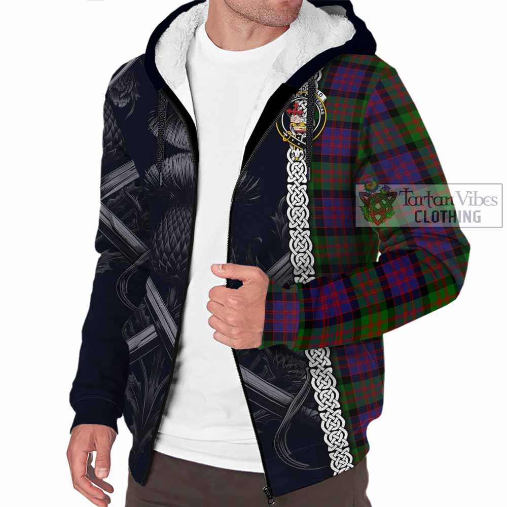 Tartan Vibes Clothing MacDonald (McDonald) Tartan Sherpa Hoodie with Family Crest Cross Sword Thistle Celtic Vibes