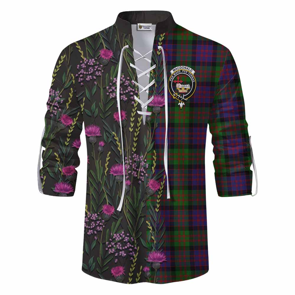 MacDonald (McDonald) Family Crest Tartan Ghillie Shirt Scottish Thistle Flower Pattern Half Style - Tartan Vibes Clothing