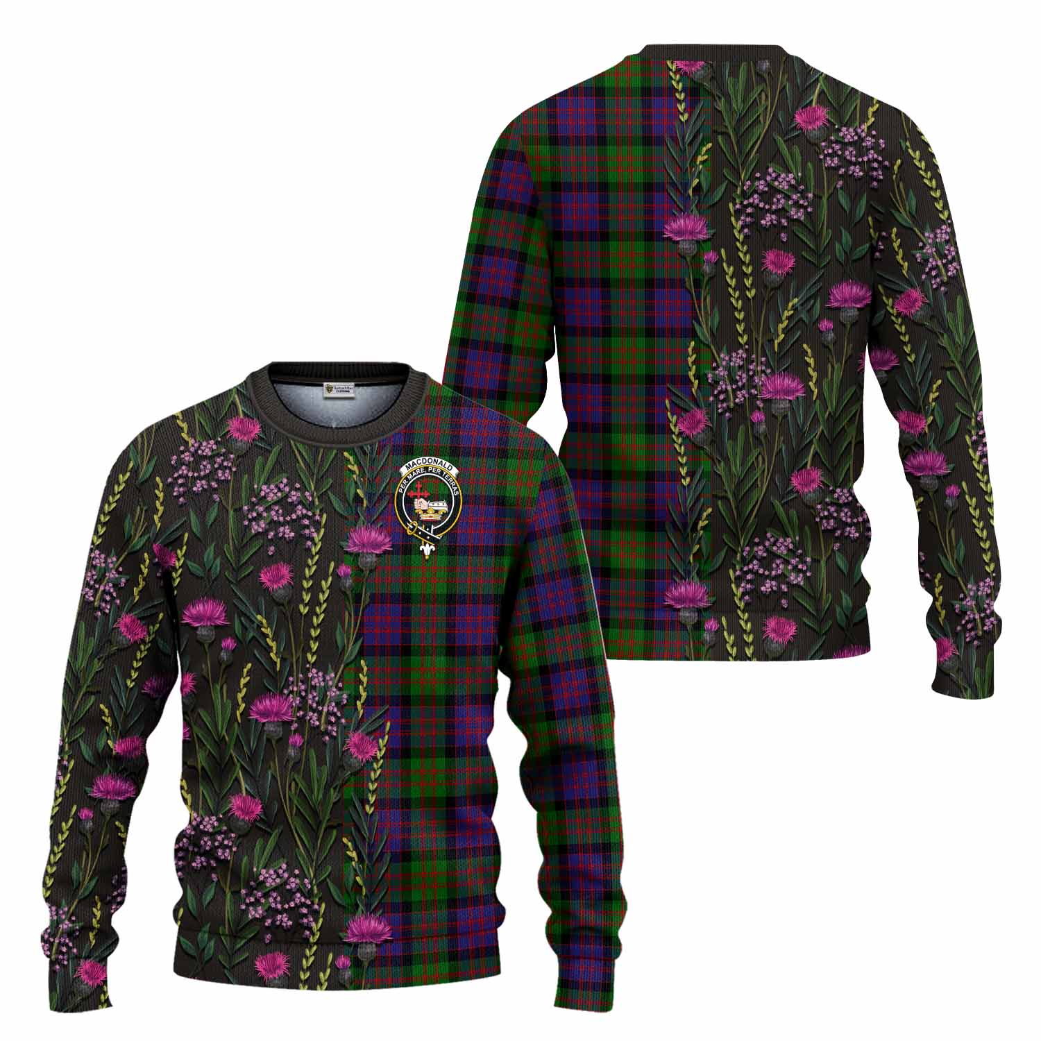MacDonald (McDonald) Family Crest Tartan Knitted Sweater Scottish Thistle Flower Pattern Half Style - Tartan Vibes Clothing