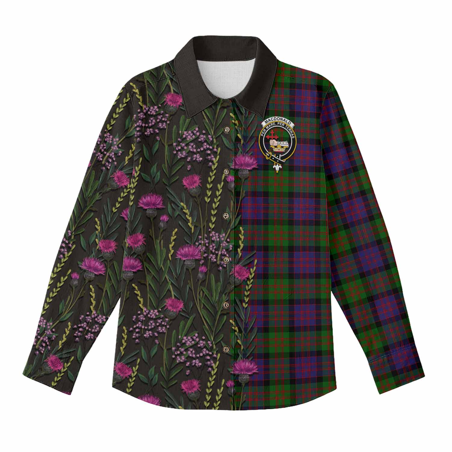 MacDonald (McDonald) Family Crest Tartan Women Casual Shirt Scottish Thistle Flower Pattern Half Style - Tartan Vibes Clothing