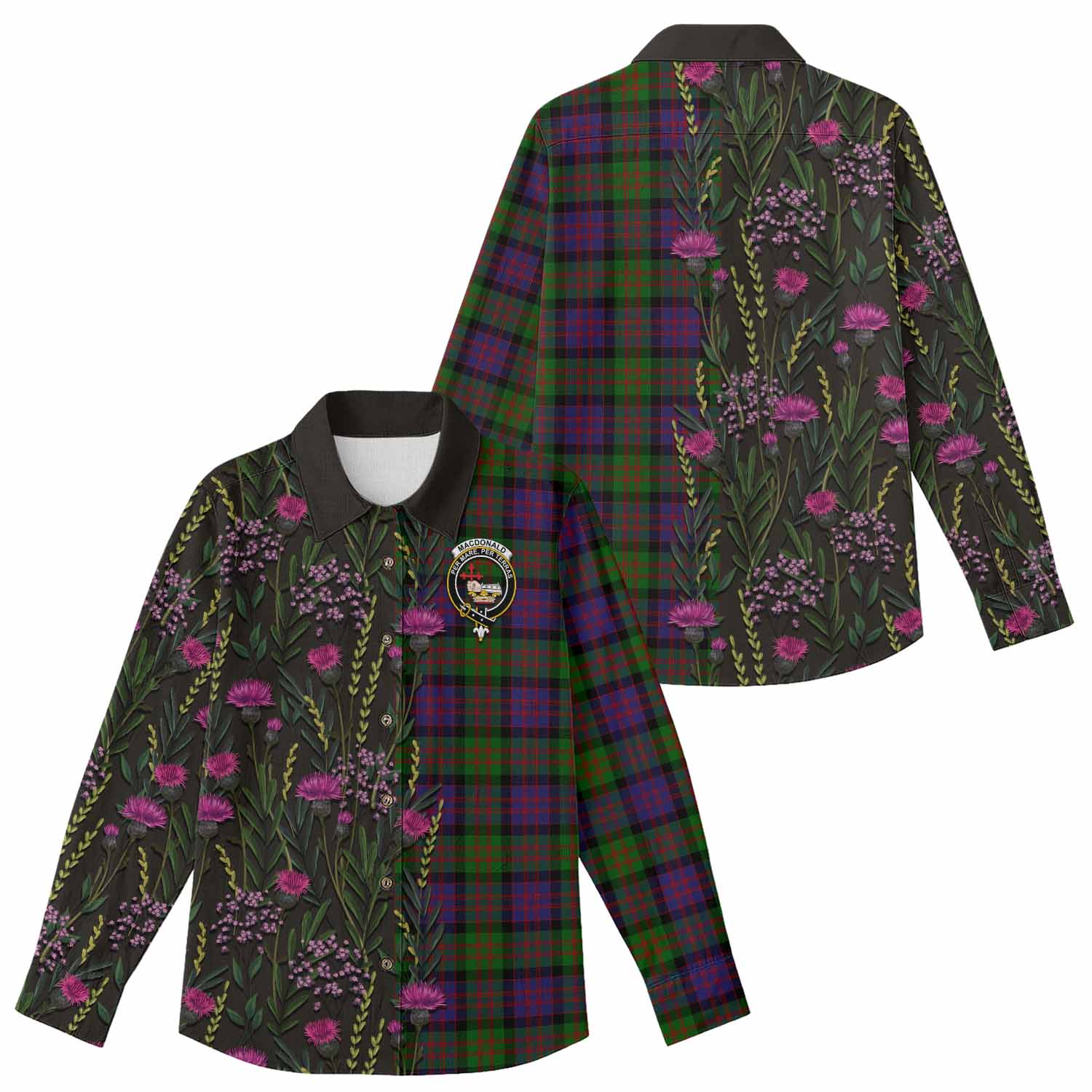 MacDonald (McDonald) Family Crest Tartan Women Casual Shirt Scottish Thistle Flower Pattern Half Style - Tartan Vibes Clothing