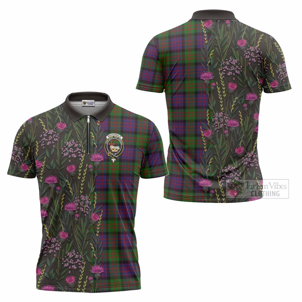 MacDonald (McDonald) Family Crest Tartan Zipper Polo Shirt Scottish Thistle Flower Pattern Half Style - Tartan Vibes Clothing