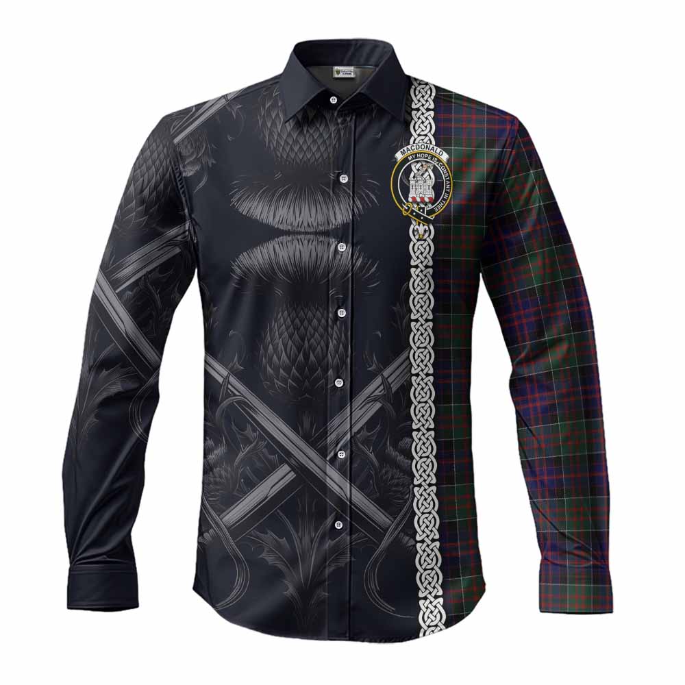Tartan Vibes Clothing MacDonald (McDonald) of Clanranald Tartan Long Sleeve Button Shirt with Family Crest Cross Sword Thistle Celtic Vibes