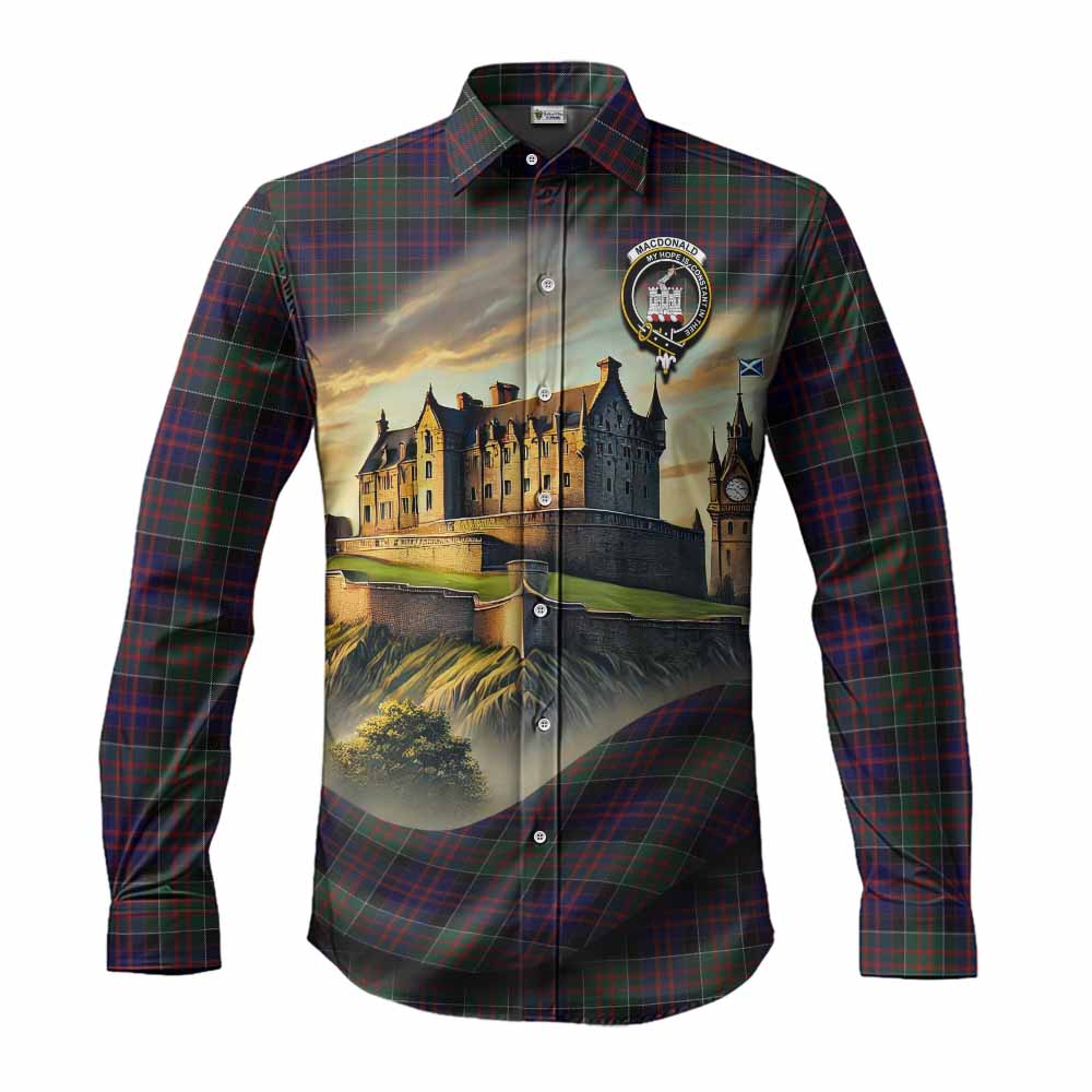 Tartan Vibes Clothing MacDonald (McDonald) of Clanranald Tartan Family Crest Long Sleeve Button Shirt with Scottish Ancient Castle Style