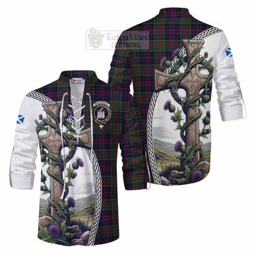 Tartan Vibes Clothing MacDonald (McDonald) of Clanranald Tartan Ghillie Kilt Shirt with Family Crest and St. Andrew's Cross Accented by Thistle Vines