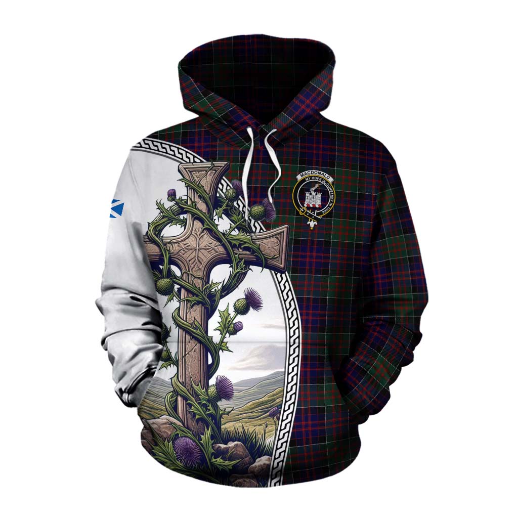 Tartan Vibes Clothing MacDonald (McDonald) of Clanranald Tartan Cotton Hoodie with Family Crest and St. Andrew's Cross Accented by Thistle Vines