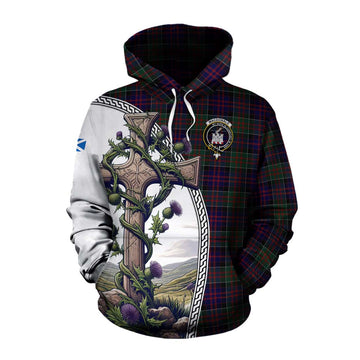 Tartan Vibes Clothing MacDonald (McDonald) of Clanranald Tartan Cotton Hoodie with Family Crest and St. Andrew's Cross Accented by Thistle Vines