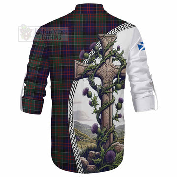 Tartan Vibes Clothing MacDonald (McDonald) of Clanranald Tartan Ghillie Kilt Shirt with Family Crest and St. Andrew's Cross Accented by Thistle Vines