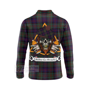 MacDonald (McDonald) of Clanranald Tartan Long Sleeve Polo Shirt with Family Crest and Bearded Skull Holding Bottles of Whiskey - Tartan Vibes Clothing