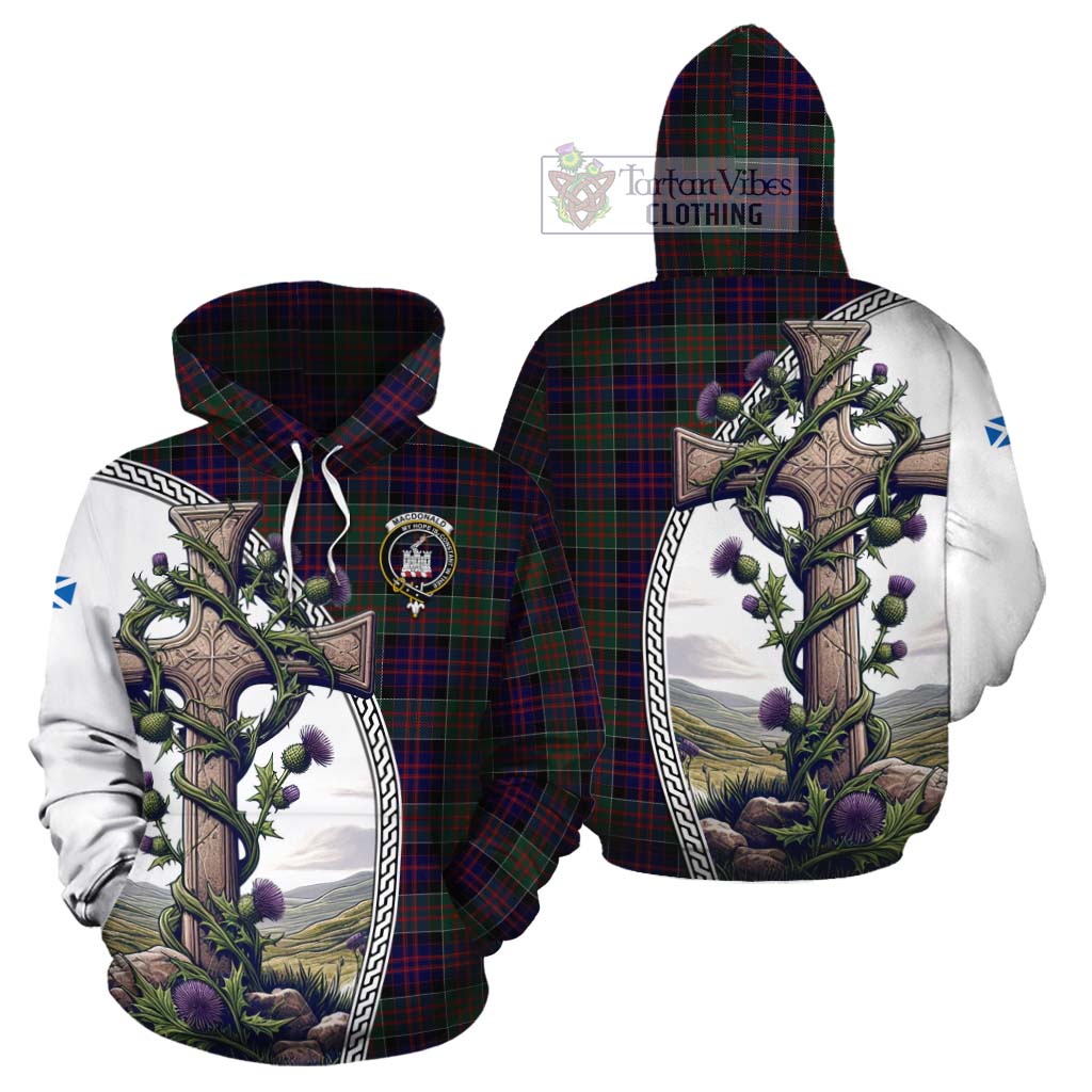 Tartan Vibes Clothing MacDonald (McDonald) of Clanranald Tartan Cotton Hoodie with Family Crest and St. Andrew's Cross Accented by Thistle Vines