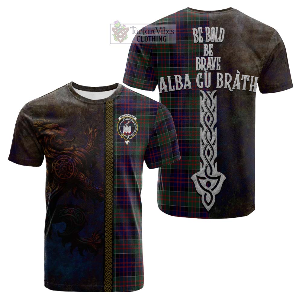 Tartan Vibes Clothing MacDonald (McDonald) of Clanranald Tartan Family Crest Cotton T-shirt Alba Gu Brath Be Brave Lion Ancient Style