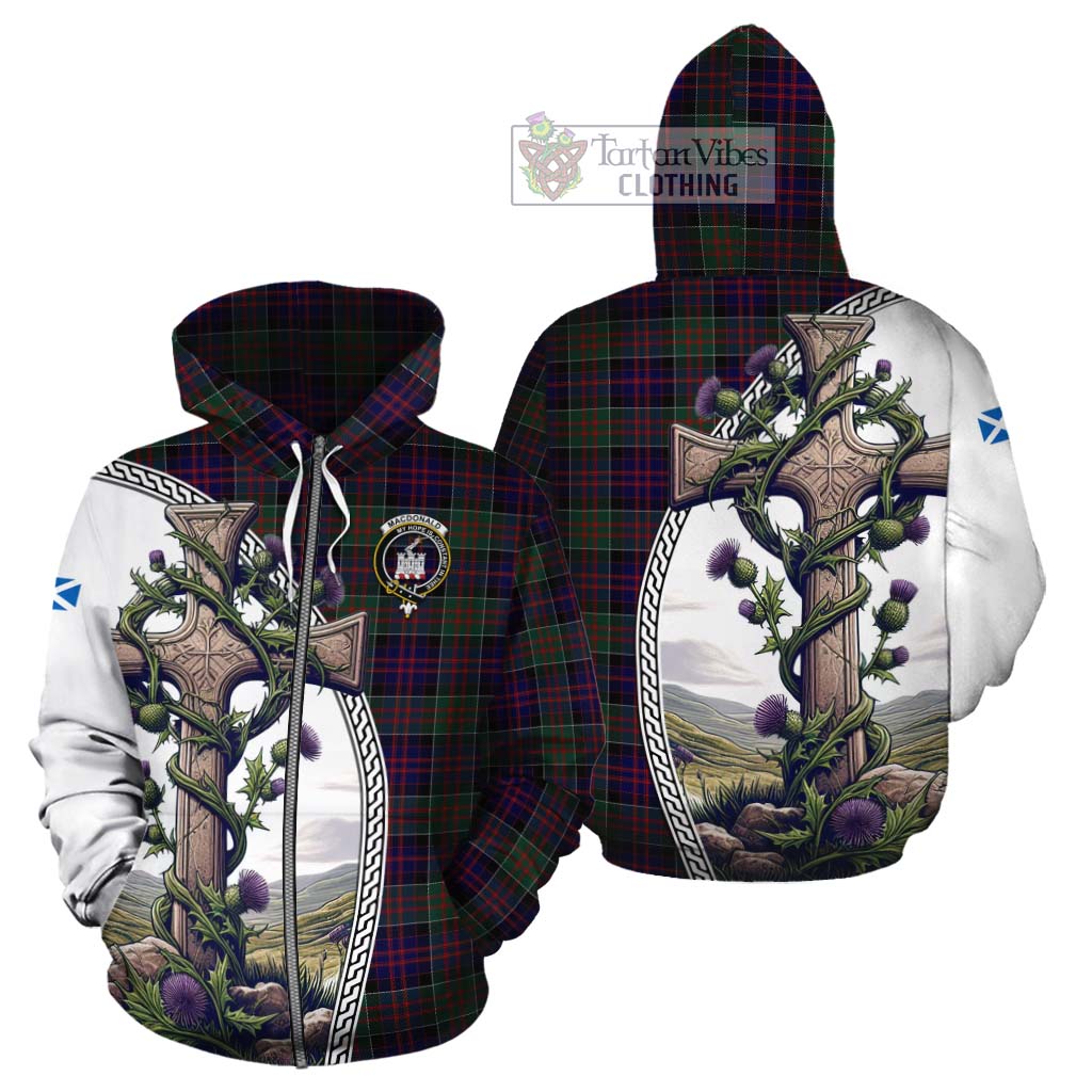 Tartan Vibes Clothing MacDonald (McDonald) of Clanranald Tartan Cotton Hoodie with Family Crest and St. Andrew's Cross Accented by Thistle Vines