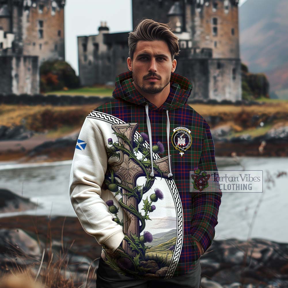 Tartan Vibes Clothing MacDonald (McDonald) of Clanranald Tartan Cotton Hoodie with Family Crest and St. Andrew's Cross Accented by Thistle Vines