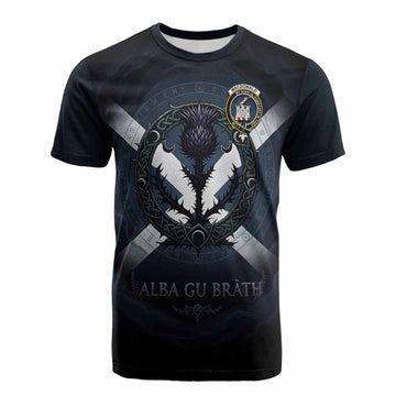 MacDonald (McDonald) of Clanranald Clan Crest Cotton T-shirt with Celtic Knot Thistle and Saltire