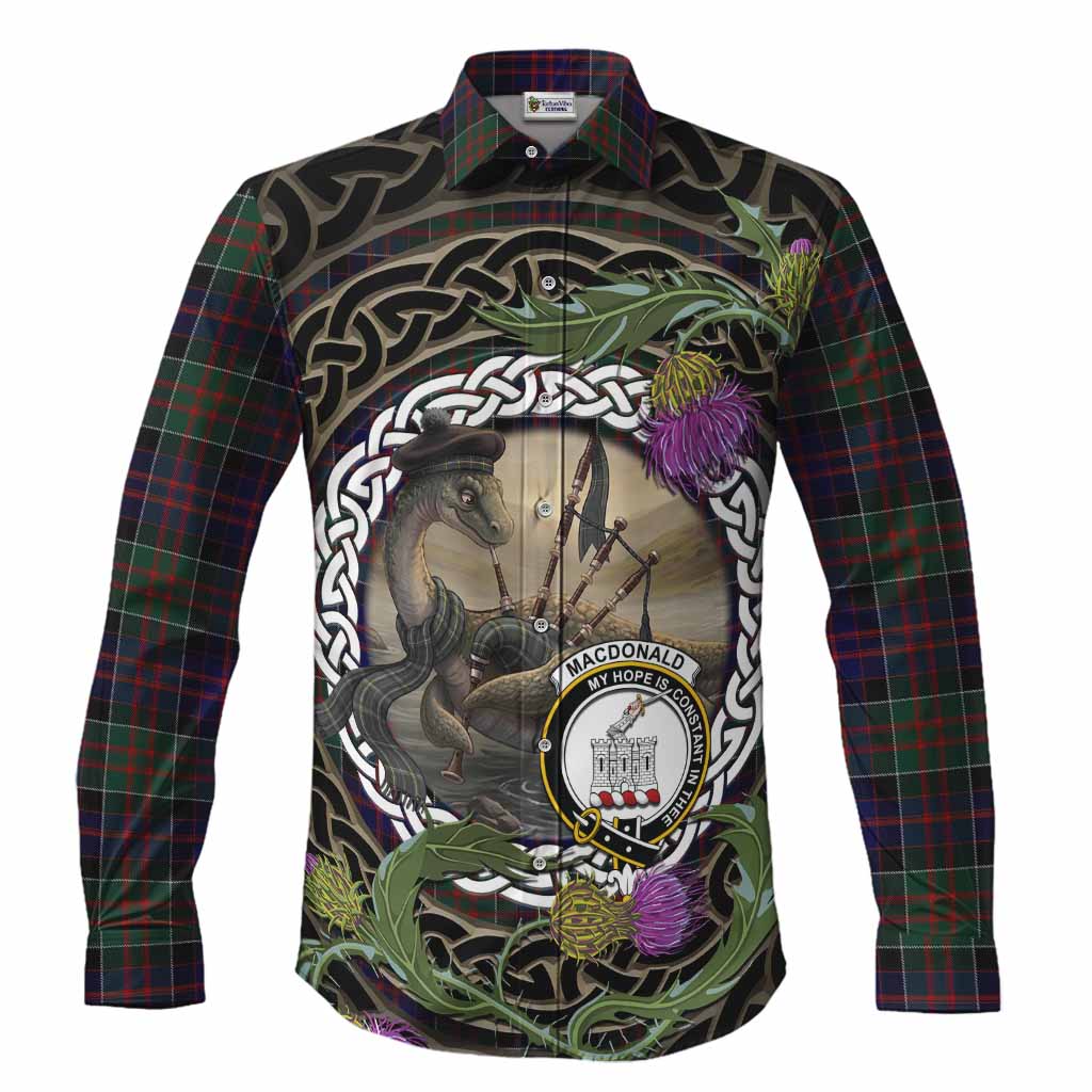 MacDonald (McDonald) of Clanranald Tartan Crest Bagpipe Nessie Long Sleeve Button Shirts Scottish Loch Ness Monster Celtic Thistle