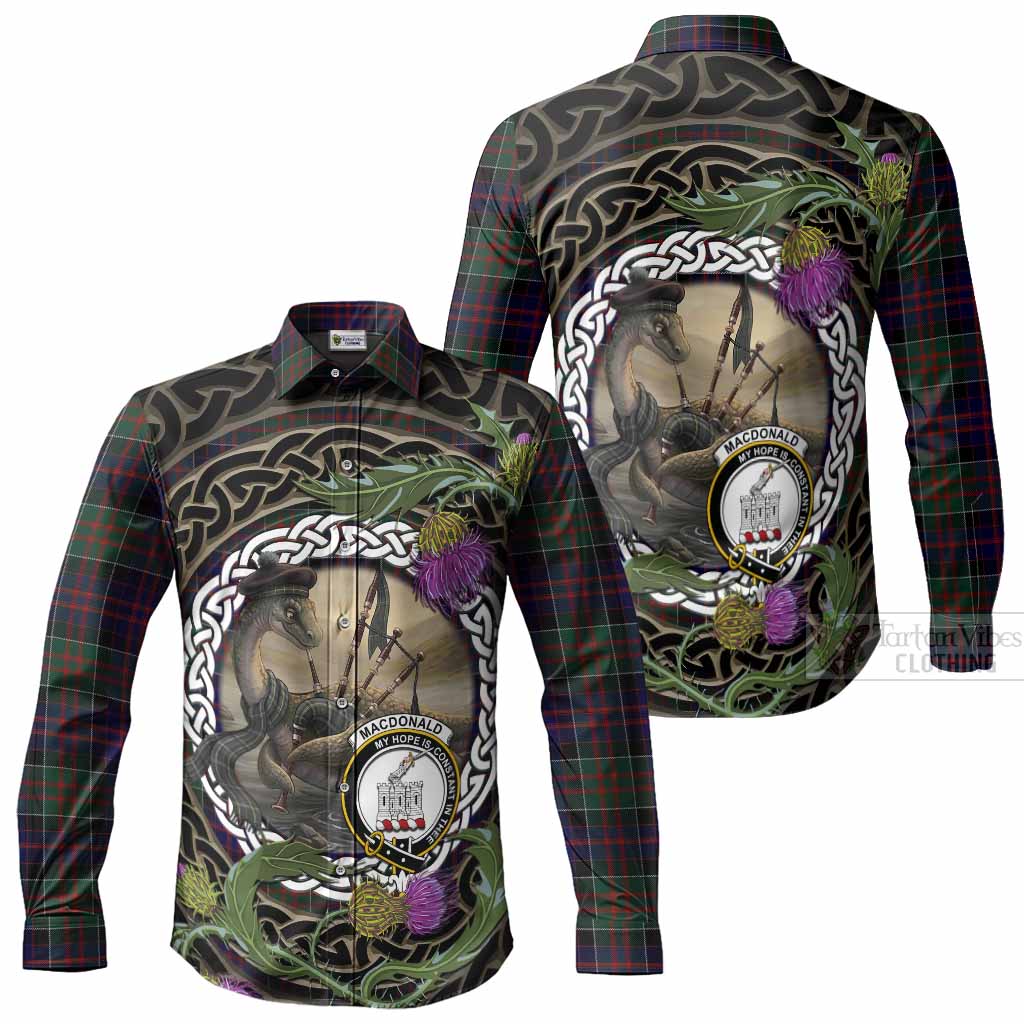 MacDonald (McDonald) of Clanranald Tartan Crest Bagpipe Nessie Long Sleeve Button Shirts Scottish Loch Ness Monster Celtic Thistle