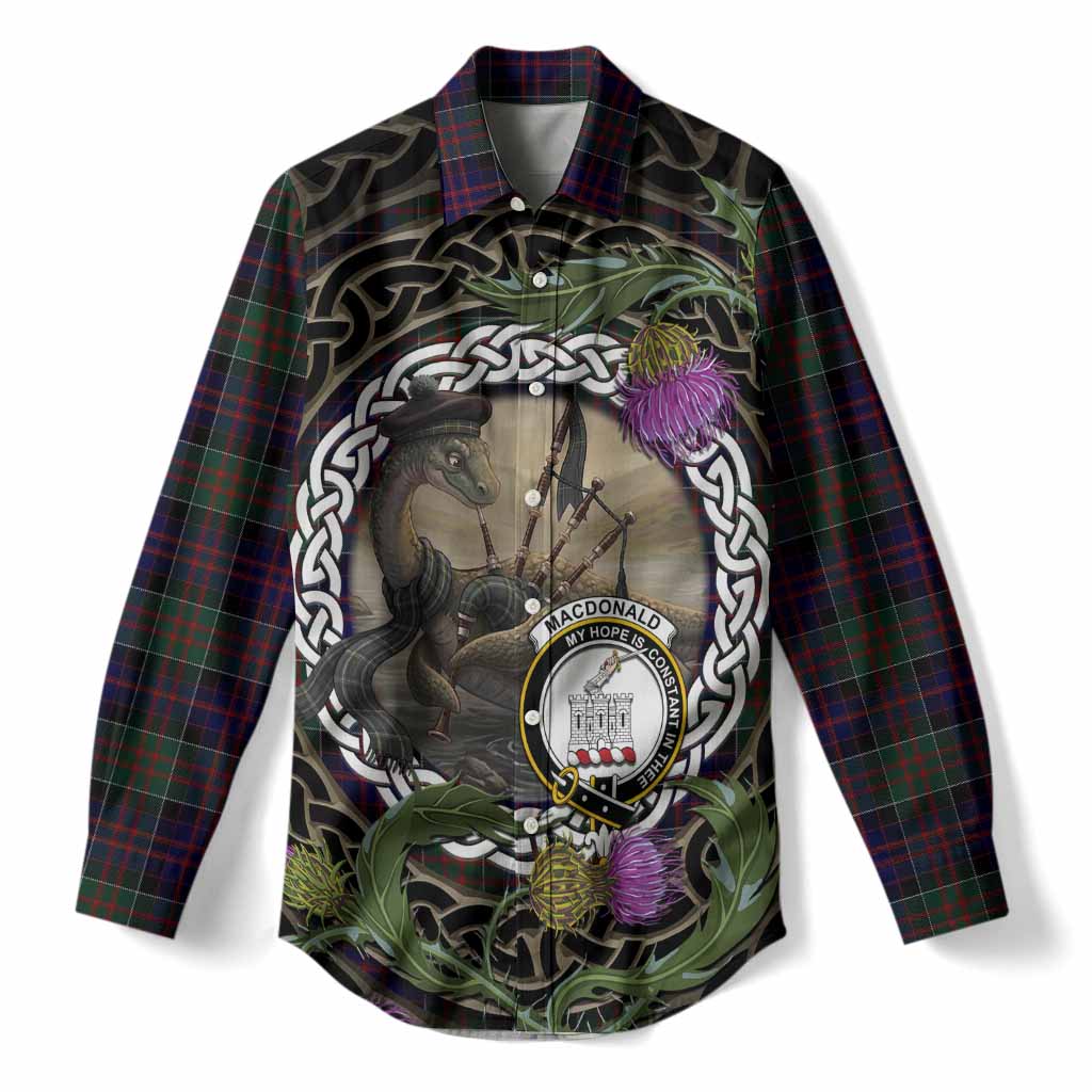 MacDonald (McDonald) of Clanranald Tartan Crest Bagpipe Nessie Women Casual Shirt Scottish Loch Ness Monster Celtic Thistle
