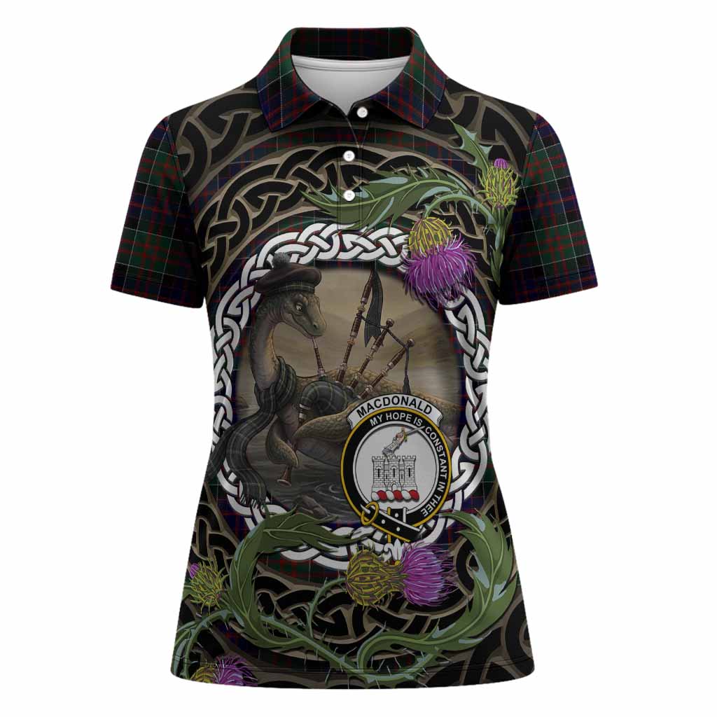MacDonald (McDonald) of Clanranald Tartan Crest Bagpipe Nessie Women Polo Shirt Scottish Loch Ness Monster Celtic Thistle