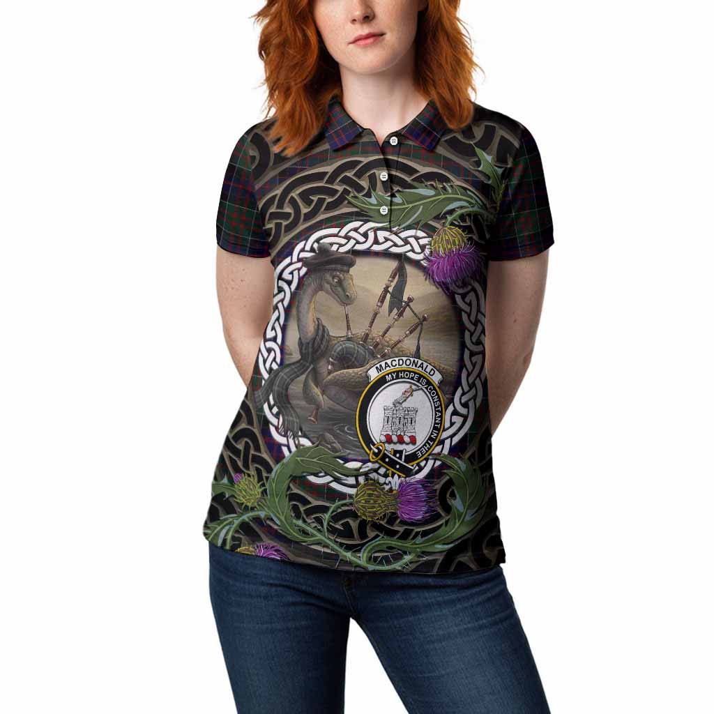 MacDonald (McDonald) of Clanranald Tartan Crest Bagpipe Nessie Women Polo Shirt Scottish Loch Ness Monster Celtic Thistle
