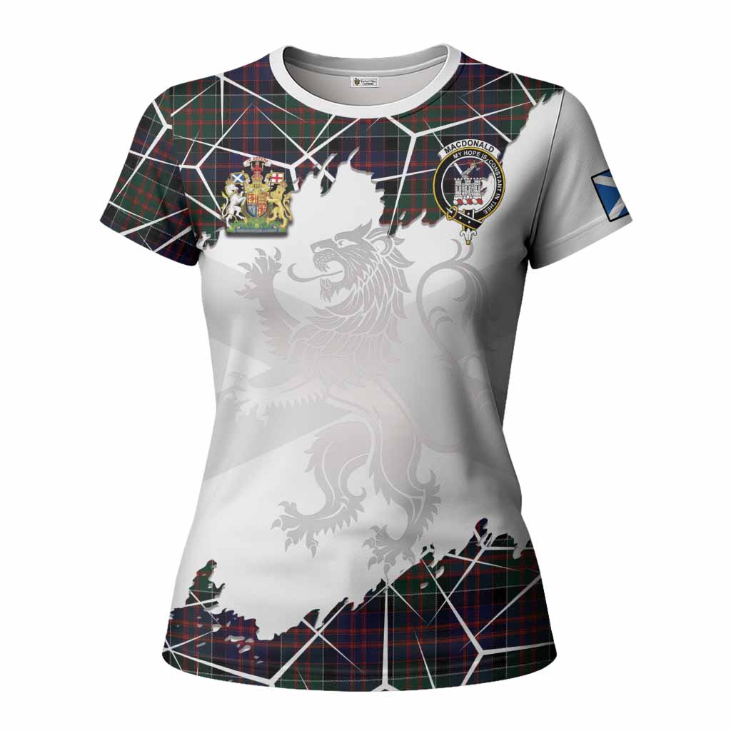 MacDonald (McDonald) of Clanranald Tartan Women T shirt with Family Crest and Lion Rampant Grunge Style