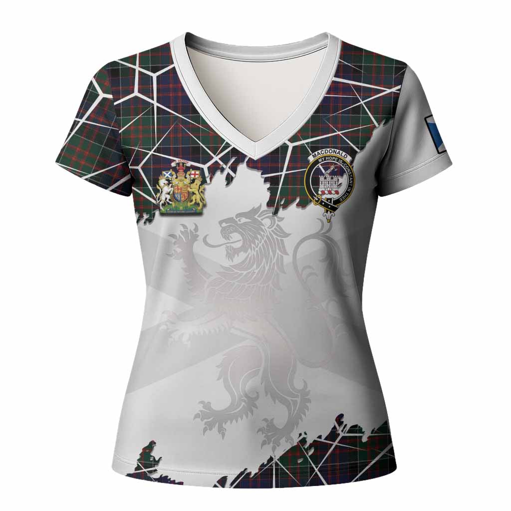 MacDonald (McDonald) of Clanranald Tartan Women T shirt with Family Crest and Lion Rampant Grunge Style