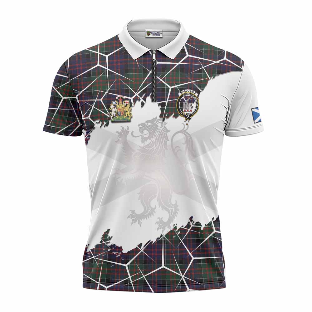 MacDonald (McDonald) of Clanranald Tartan Zipper Polo Shirt with Family Crest and Lion Rampant Grunge Style