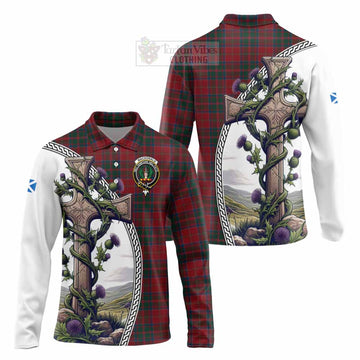 MacDonald (McDonald) of Glencoe Tartan Long Sleeve Polo Shirt with Family Crest and St. Andrew's Cross Accented by Thistle Vines Unisex - Tartan Vibes Clothing