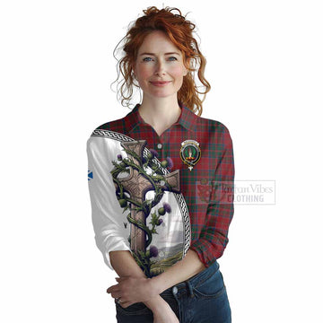 MacDonald (McDonald) of Glencoe Tartan Women's Casual Shirt with Family Crest and St. Andrew's Cross Accented by Thistle Vines Female - Tartan Vibes Clothing