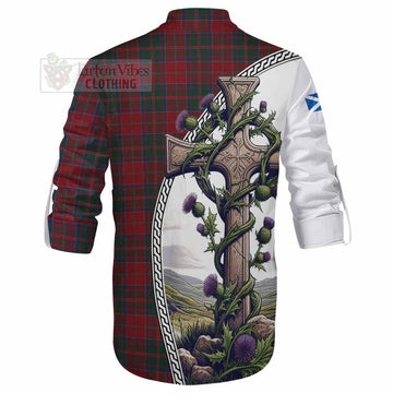 MacDonald (McDonald) of Glencoe Tartan Ghillie Kilt Shirt with Family Crest and St. Andrew's Cross Accented by Thistle Vines - Tartan Vibes Clothing