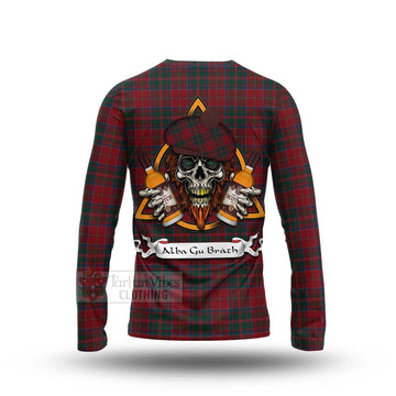 MacDonald (McDonald) of Glencoe Tartan Long Sleeve T-Shirt with Family Crest and Bearded Skull Holding Bottles of Whiskey - Tartan Vibes Clothing