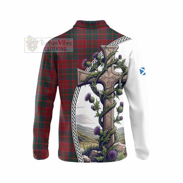 MacDonald (McDonald) of Glencoe Tartan Long Sleeve Polo Shirt with Family Crest and St. Andrew's Cross Accented by Thistle Vines - Tartan Vibes Clothing