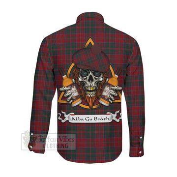 MacDonald (McDonald) of Glencoe Tartan Long Sleeve Button Shirt with Family Crest and Bearded Skull Holding Bottles of Whiskey Men's Shirt - Tartan Vibes Clothing