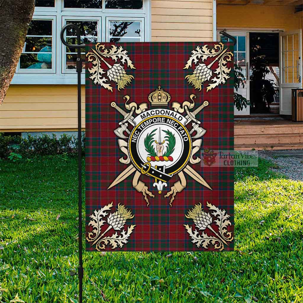 Tartan Vibes Clothing MacDonald (McDonald) of Glencoe Tartan Flag with Family Crest and Golden Thistle Crossed Sword Design