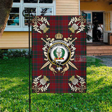 MacDonald (McDonald) of Glencoe Tartan Garden Flag with Family Crest and Golden Thistle Crossed Sword Design