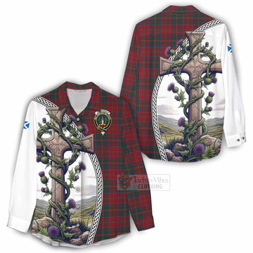MacDonald (McDonald) of Glencoe Tartan Women's Casual Shirt with Family Crest and St. Andrew's Cross Accented by Thistle Vines - Tartan Vibes Clothing