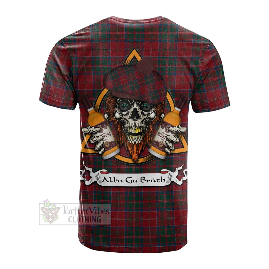 Tartan Vibes Clothing MacDonald (McDonald) of Glencoe Tartan Cotton T-shirt with Family Crest and Bearded Skull Holding Bottles of Whiskey