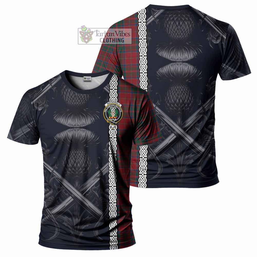 Tartan Vibes Clothing MacDonald (McDonald) of Glencoe Tartan T-Shirt with Family Crest Cross Sword Thistle Celtic Vibes