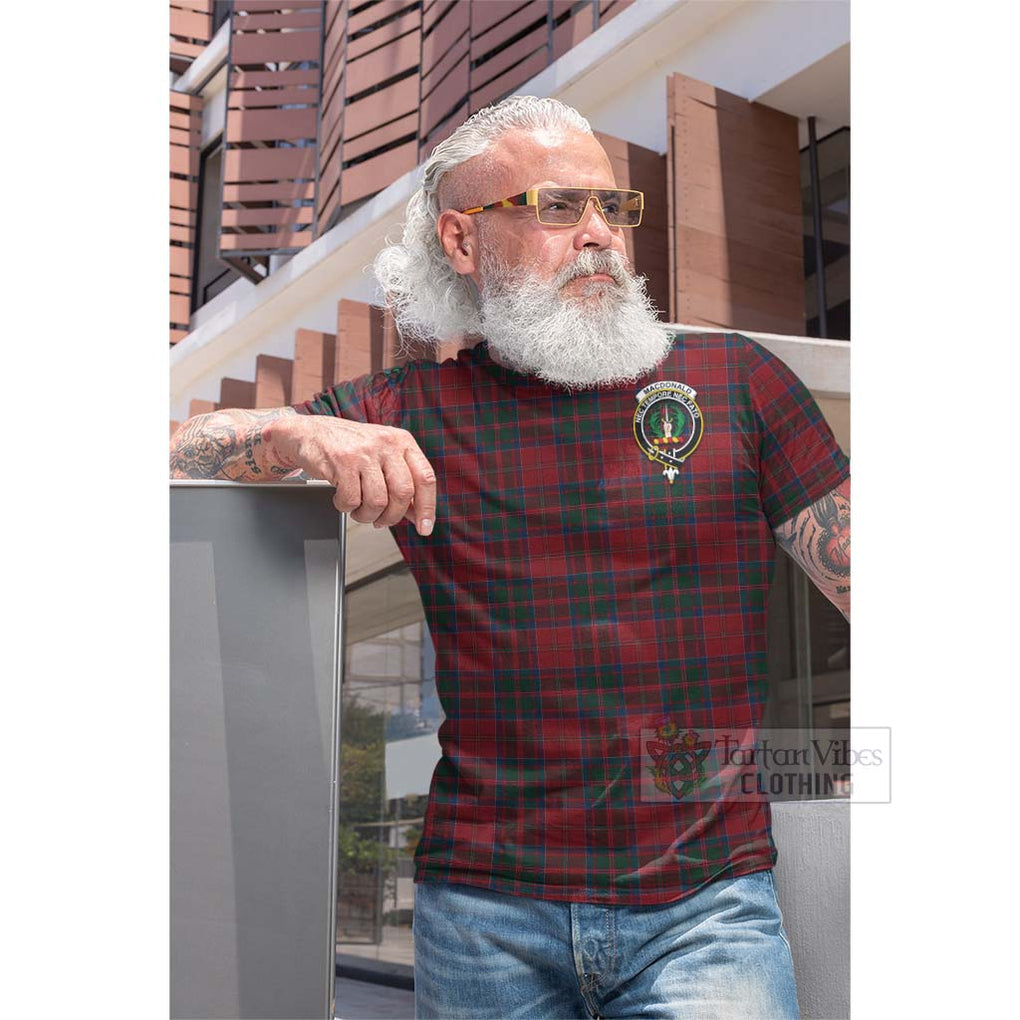 Tartan Vibes Clothing MacDonald (McDonald) of Glencoe Tartan Cotton T-shirt with Family Crest and Bearded Skull Holding Bottles of Whiskey