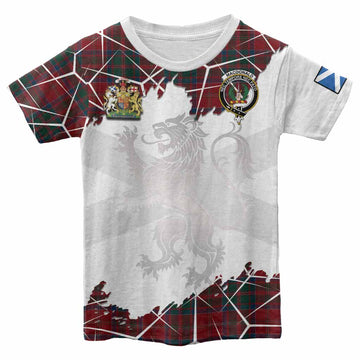 MacDonald (McDonald) of Glencoe Tartan Kid T-shirt with Family Crest and Lion Rampant Grunge Style