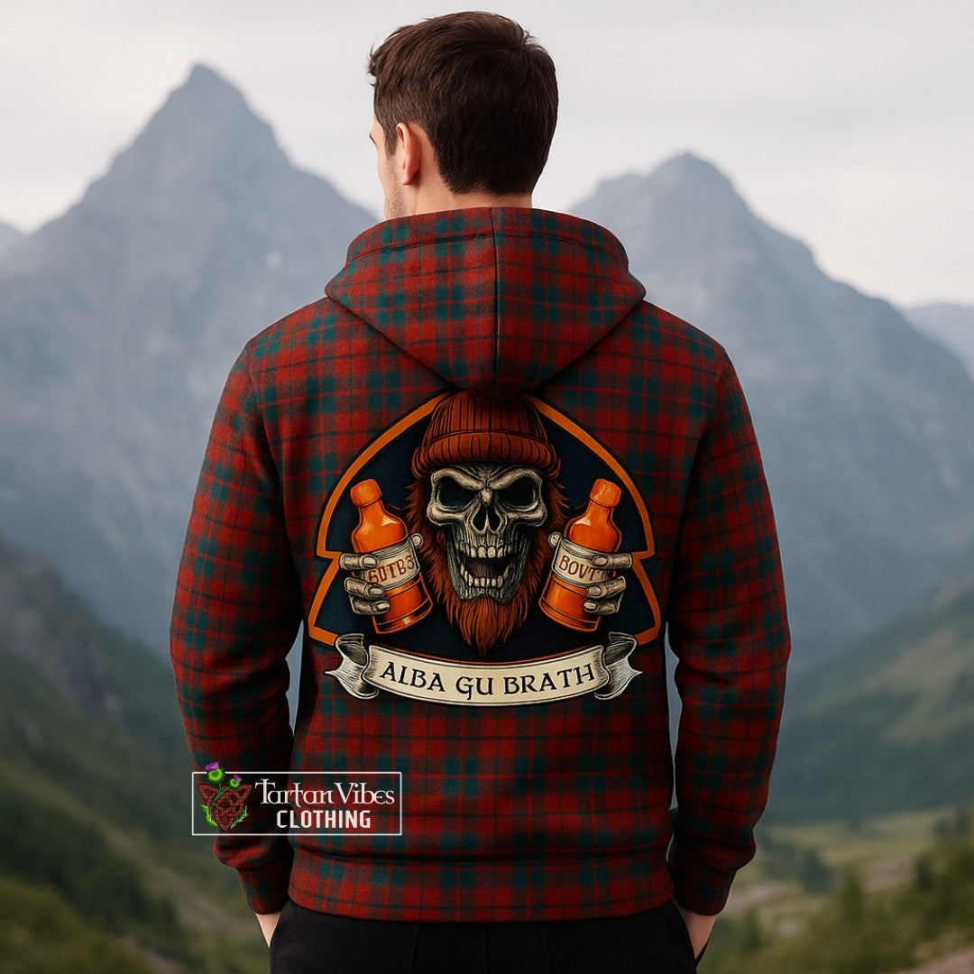 MacDonald (McDonald) of Glencoe Tartan Knitted Hoodie with Family Crest and Bearded Skull Holding Bottles of Whiskey