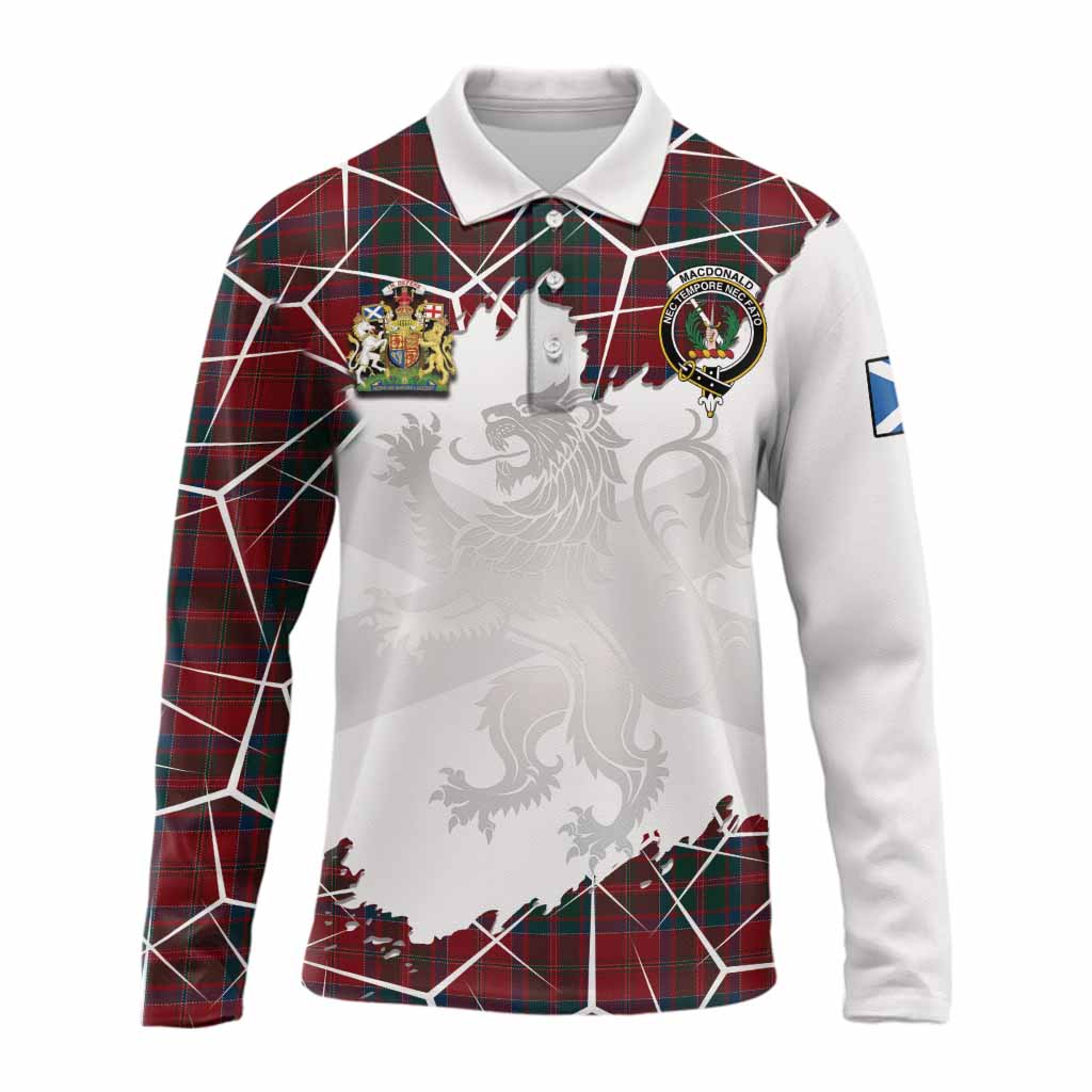 MacDonald (McDonald) of Glencoe Tartan Long Sleeve Polo Shirt with Family Crest and Lion Rampant Grunge Style