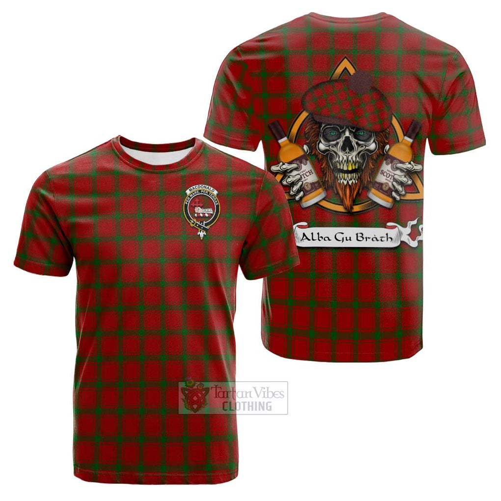 Tartan Vibes Clothing MacDonald (McDonald) of Sleat Tartan Cotton T-shirt with Family Crest and Bearded Skull Holding Bottles of Whiskey
