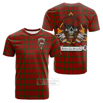 Tartan Vibes Clothing MacDonald (McDonald) of Sleat Tartan Cotton T-shirt with Family Crest and Bearded Skull Holding Bottles of Whiskey
