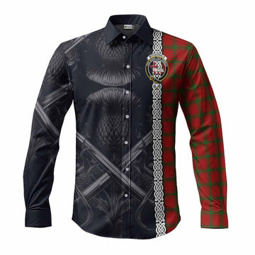 Tartan Vibes Clothing MacDonald (McDonald) of Sleat Tartan Long Sleeve Button Shirt with Family Crest Cross Sword Thistle Celtic Vibes